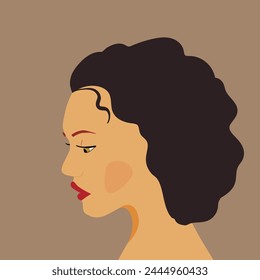 Portrait of a fashion woman. The head in profile of a European brunette woman. Face of girl. Flat design for for landing page, banner, social Media Avatar. Color vector illustration.