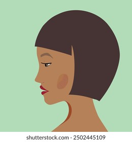 Portrait of a fashion woman. The head in profile of a European brunette woman. Face of girl. Flat design for for landing page, banner, social Media Avatar. Color vector illustration.