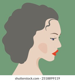 Portrait of a fashion woman. The head in profile of a European brunette woman. Face of girl. Flat design for for landing page, banner, social Media Avatar. Color vector illustration.