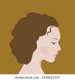 Portrait of a fashion woman. The head in profile of a European brunette woman. Face of girl. Flat design for for landing page, banner, social Media Avatar. Color vector illustration.