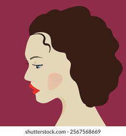 Portrait of a fashion woman. The head in profile of a European brunette woman. Face of girl. Flat design for for landing page, banner, social Media Avatar. Color vector illustration.