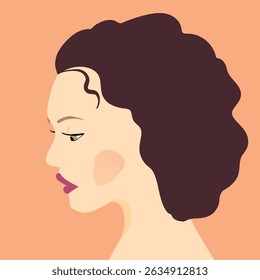 Retrato de uma mulher da moda. A cabeça de perfil de uma mulher morena europeia. Rosto de menina. Design plano para landing page, banner, social Media Avatar. Ilustração do vetor de cores.