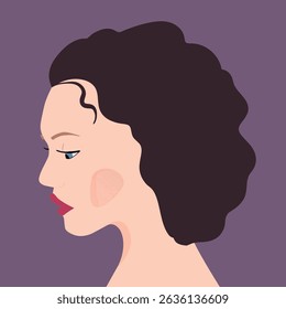 Retrato de uma mulher da moda. A cabeça de perfil de uma mulher morena europeia. Rosto de menina. Design plano para landing page, banner, social Media Avatar. Ilustração do vetor de cores.