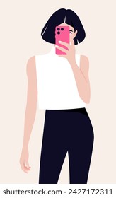 Portrait of fashion woman holding smart phone in hand shooting selfie on front camera. A blogger is photographed for a social media. Vector flat illustration