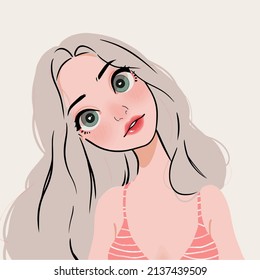 Portrait of a fashionable girl in a swimsuit for summer and social media in pastel colors. 