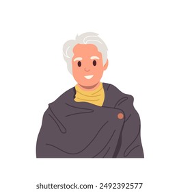 Portrait of fashionable grey-haired mature guy cartoon character wearing stylish warm autumn cape