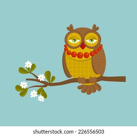 The portrait of fashionable owl on the  branch. Spring concept background. Bright vector illustration of bird with accessories.