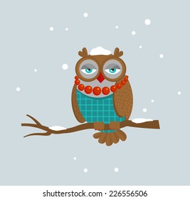 The portrait of fashionable owl on the  branch. Winter concept background. Bright vector illustration of bird with accessories.