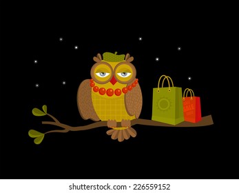Portrait of fashionable owl on great night sale. Vector illustration of the bird with accessories on the branch.