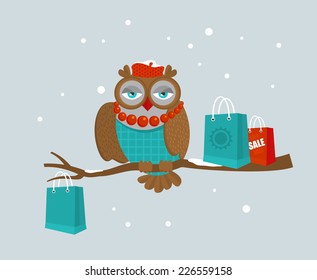 Portrait of fashionable owl on great winter sale. Vector illustration of the bird with accessories on the branch.