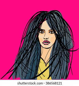 Portrait of a fashionable slim girl. The girl's face vector illustration. Fashionable beautiful girl.