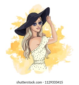 Portrait Of Fashionable Woman. Beautiful Young Woman In Summer Clothes Holds Hat Hand. Stylish Girl In Fashion Dress, Sunglasses And Hat. Hand Drawn Sketch. Vector Illustration Of Fashion.