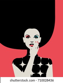 Portrait of fashionable woman with big hairdo in bright colors on pink background. Retro pop art style. Eps10 vector 