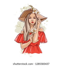Portrait of fashionable woman in hat with flowers. Beautiful young woman in summer clothes covers her face with a hat. Stylish girl in a hat. Hand drawn sketch. Vector illustration of fashion.