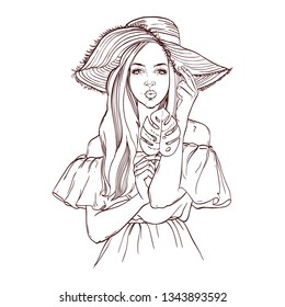 Portrait of fashionable woman in hat with leaf Monstera. Beautiful young woman in summer clothes covers her face with a hat. Stylish girl in a hat. Hand drawn sketch. Vector illustration of fashion.