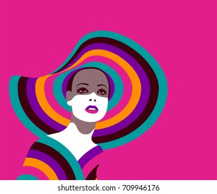 Retrato de mujer de moda con un gran sombrero de colores vivos sobre fondo rosa. Estilo de arte pop retro. Vector Eps10