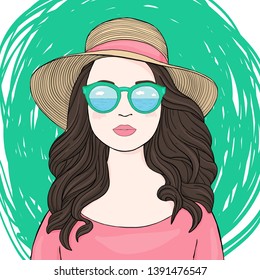 Portrait of a fashionable woman with long dark hair, mirrored glasses and a summer hat. Colorful vector illustration in sketch style. Hand-drawn.