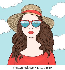 Portrait of a fashionable woman with long dark hair, mirrored glasses and a summer hat. Colorful vector illustration in sketch style. Hand-drawn.