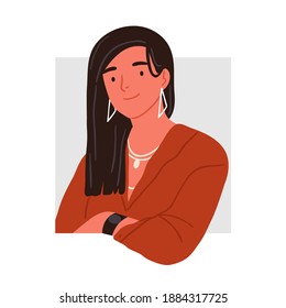 Retrato de una mujer joven de moda mirando desde el cuadro cuadrado vectorial ilustración plana. Mujer de negocios moderna sonriente con vistas a la forma geométrica o ventana aislada en fondo blanco