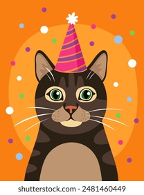 Portrait of a fat brown cat in a festive cap. Cute big cat with green eyes. Bright orange background, multicolored confetti. Birthday card. Cute cartoon illustration.