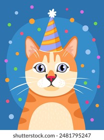 Portrait of a fat orange cat in a festive cap. Cute big red cat with blue eyes. Blue background, multicolored confetti. Birthday card. Cute cartoon illustration.