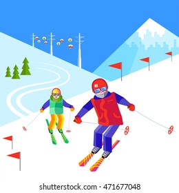 Portrait of a father and child having fun in the snow at the ski resort. Flat vector funny people are resting on top of the mountain. Skiers family - daddy and daughter or son skiing.