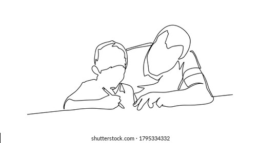 portrait of father looking at son while doing homework continuous line drawing. One single line drawing of young father accompany his kid studying and reading a book, Vector. Back to school.