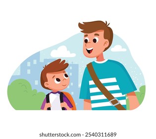 Retrato del padre y del hijo, paseo de la familia alrededor que habla. Niño curioso hablando con su padre. Regresar a casa de la escuela. Diseño plano de Vector.