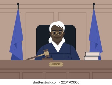 A portrait of a female African judge wearing a robe in a courtroom, justice and law