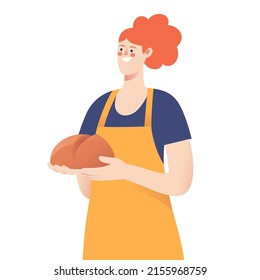 Portrait of a female baker holding bread. Vector illustration.