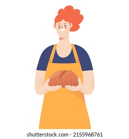 Portrait of a female baker holding bread. Vector illustration.