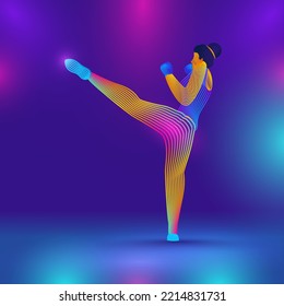 Portrait Of Female Boxer Player In Gradient Dotted On Blue And Pink Background.