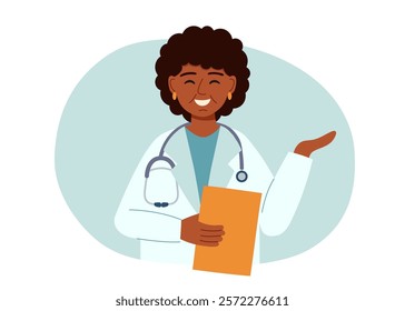 Portrait of female doctor isolated on white background. Concept of medicine, healthcare, clinic, assistance. Vector hand drawn illustration.