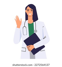 Portrait of a female doctor in a white coat and holding a clipboard. The woman waves her hand, says hello. Young and smiling medical worker isolated on white. Flat vector.