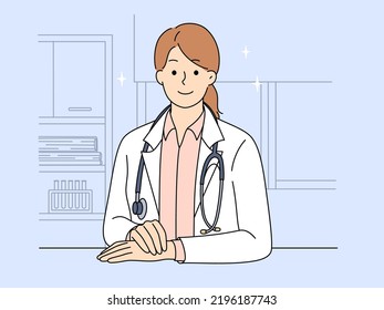 Portrait of female doctor in white medical uniform posing in clinic. Smiling woman nurse or GP in private or public hospital. Medicine and healthcare. Vector illustration. 