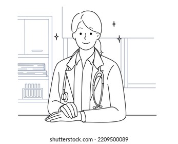 Portrait of female doctor in white medical uniform posing in clinic. Smiling woman nurse or GP in private or public hospital. Medicine and healthcare. Vector illustration. 