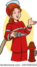 Portrait female firefighter in uniform. Happy firefighter with hose in hand. Female firefighter standing with professional equipment. Vector illustration on white background