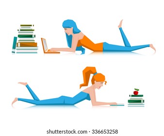 Portrait of female high school student studying with laptop and books.Happy woman working on a laptop computer - isolated over white background 