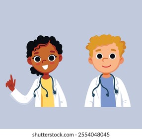 Portrait of female and male doctors, health professionals colleagues, physicians in white scrubs, medical coat with stethoscope over neck, standing. Portrait of professionals. Flat vector illustration