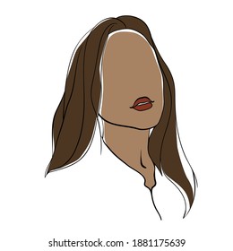 Portrait of female minimalism linear art, face of a girl without eyes, long flowing hair