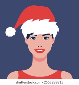 Portrait of female in Santa Claus hat. Young smiling woman wearing Santa hat. Vector illustration