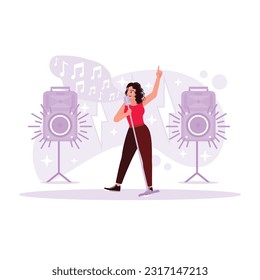 Portrait of a female singer holding a microphone and singing beautifully. Trend Modern vector flat illustration.
