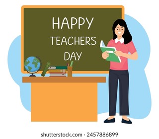 portrait female teacher standing hold book on front a blackboard or happy teachers day