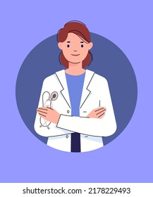 Portrait of female therapist with stethoscope in her hands. Doctor's advice. Online consultation, appointment with physician. Illustration for medical site, sign on office, information poster. Vector.