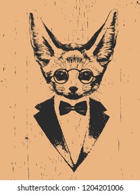 Portrait of Fennec Fox in suit, hand-drawn illustration, vector