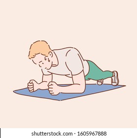 Portrait of a fitness man doing planking exercise.  Hand drawn style vector design illustrations.