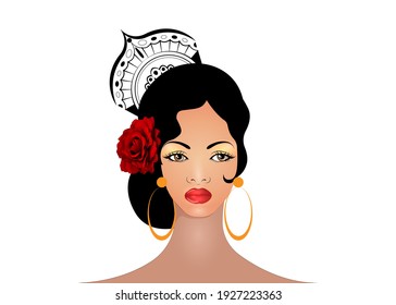 Portrait Of Flamenco Woman, Beautiful Girl, Spanish Style. Latin Lady Wearing Folk Accessories Peineta, Red Rose Flower And Earrings, Vector Illustration Isolated On White Background
 