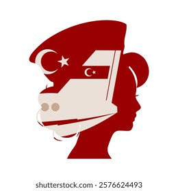 Portrait of flight attendant. Face side view icon. Elegant silhouettes of a female head. Avatar profile sign. National flag of Turkey on an airplane tail.