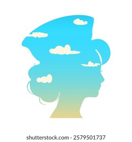 Portrait of flight attendant. Face side view icon. Elegant silhouettes of a female head. Avatar profile sign textured by sky view.