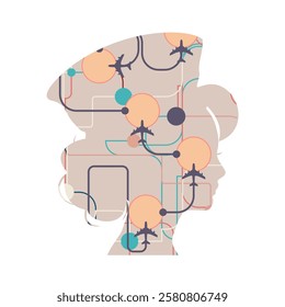 Portrait of flight attendant. Face side view icon. Elegant silhouettes of a female head. Avatar profile sign textured by abstract airplanes traffic map. Connected lines with dots.